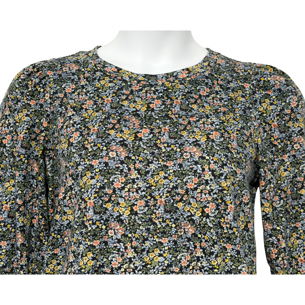 LOFT Sz M Cottage Floral Puff Sleeve Pullover Top Blue Knit Sweatshirt Romantic - Picture 4 of 11